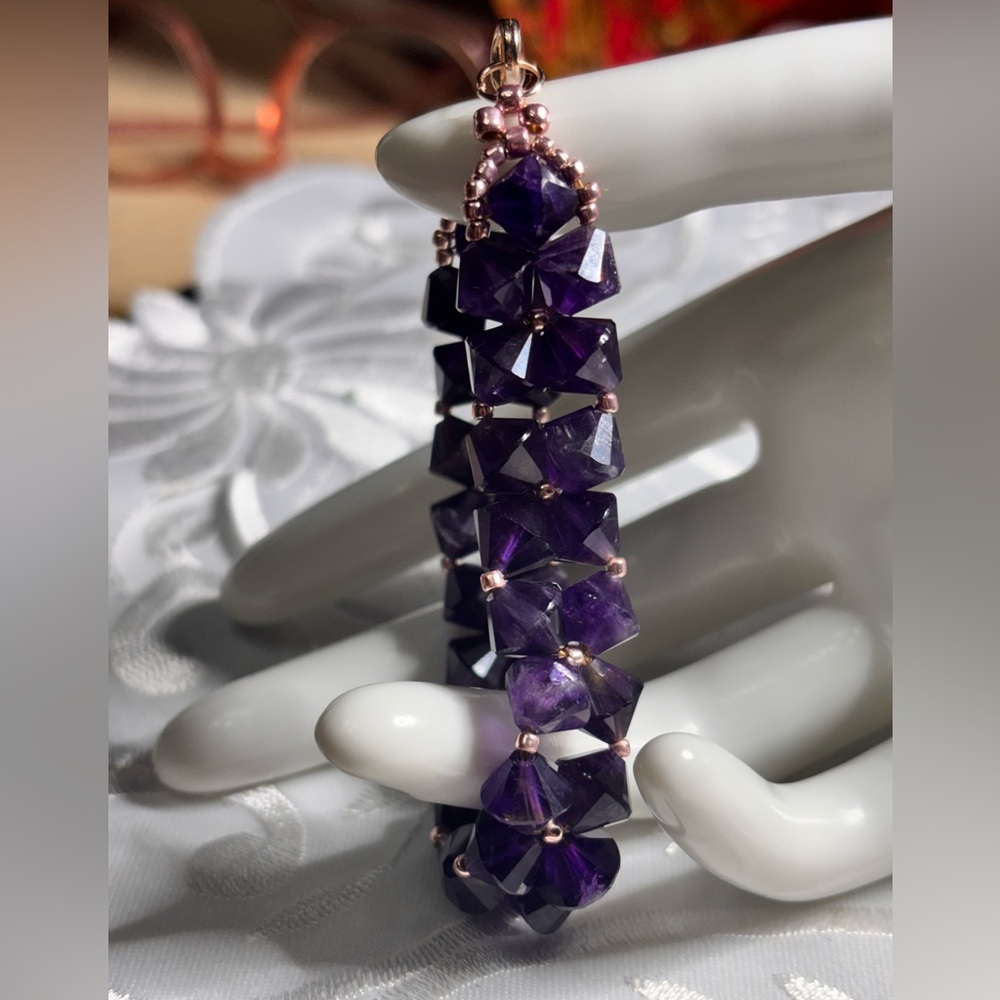 Handmade Amethyst Gemstone Bracelet rose gold tone lobster claw clasp 7.5 inches - Picture 3 of 9